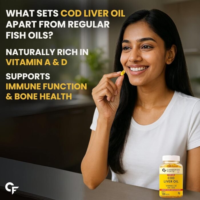 Carbamide Forte Cod Liver Oil Capsules Omega 3 Supplement | Sea cod Liver Oil, Omega 3 FishOil Capsules 300mg | Omega3 FishOil with EPA & DHA + Vitamin D3 Supplement | No Fishy Burps With Lemon Flavour - 120 Softgels - Image 9