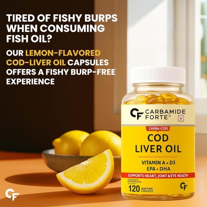Carbamide Forte Cod Liver Oil Capsules Omega 3 Supplement | Sea cod Liver Oil, Omega 3 FishOil Capsules 300mg | Omega3 FishOil with EPA & DHA + Vitamin D3 Supplement | No Fishy Burps With Lemon Flavour - 120 Softgels - Image 3