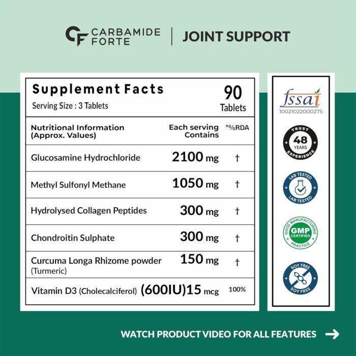 Carbamide Forte Glucosamine Tablets For Joint Support Supplement with Collagen & Glucosamine Chondroitin MSM | Joint Cartilage Support & Muscle Health | Joint Pain Tablets - 90 - Image 2