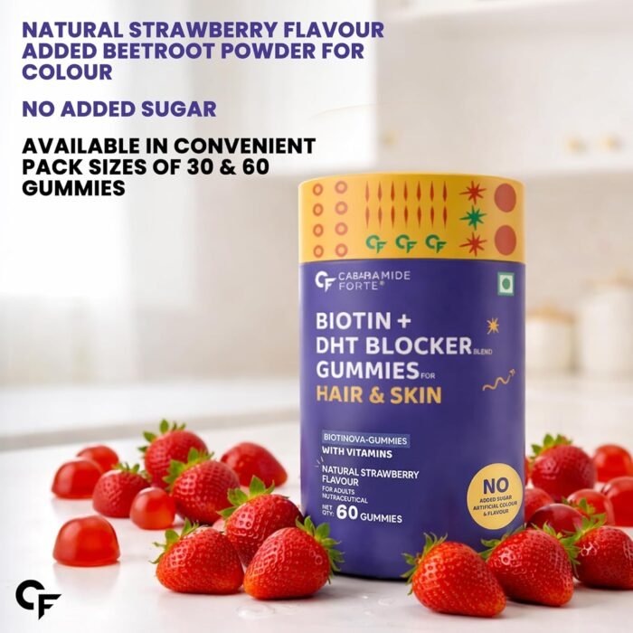 Carbamide Forte Hair Gummies with Biotin & DHT Blockers | Biotin Gummies for Hair Growth | Hair Supplement for Women & Men | Strawberry Flavour with No Added Sugar | 60 Gummies - Image 6