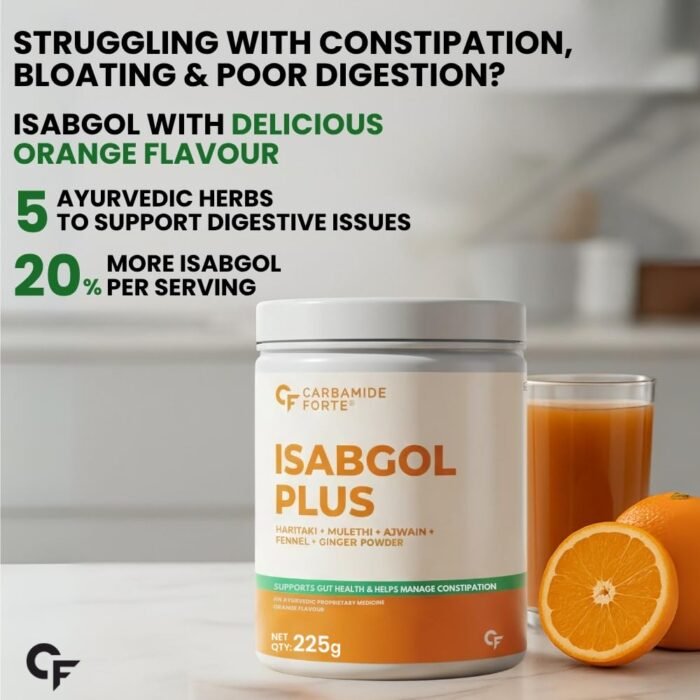 Carbamide Forte Isabgol Powder - 225gm | Psyllium Husk Powder With Haritaki, Ajwain & Fennel | Fiber supplement for Constipation Relief & Digestion | Orange Flavour - Image 3