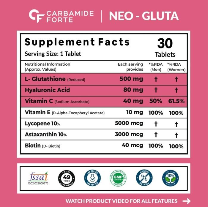 Carbamide Forte Japanese Reduced L Glutathione Tablets 500mg with Vitamin C | Glutathione Supplement with Hyaluronic Acid, Vitamin E, C, Lycopene & Biotin – 30 Veg Tablets - Image 2