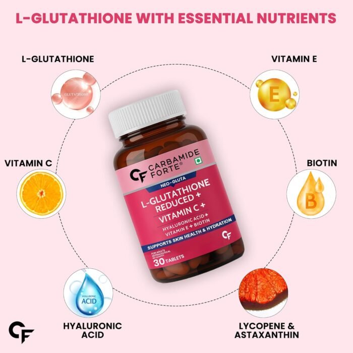 Carbamide Forte Japanese Reduced L Glutathione Tablets 500mg with Vitamin C | Glutathione Supplement with Hyaluronic Acid, Vitamin E, C, Lycopene & Biotin – 30 Veg Tablets - Image 4