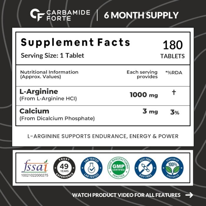 Carbamide Forte L Arginine 1000 mg | l-Arginine Supplements For Man | Boosts Nitric Oxide Production | Improved Oxygen Flow -Veg 180 Tablets - Image 2