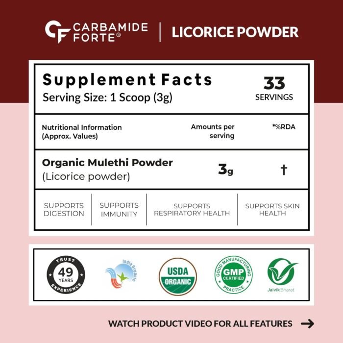 Carbamide Forte Licorice/Mulethi Powder Organic | Mulethi Powder for Face Pigmentation | Yashtimadhu Powders Supports Digestion, Respiratory & Immunity | Natural Herb for Skin & Wellness - 100g - Image 2