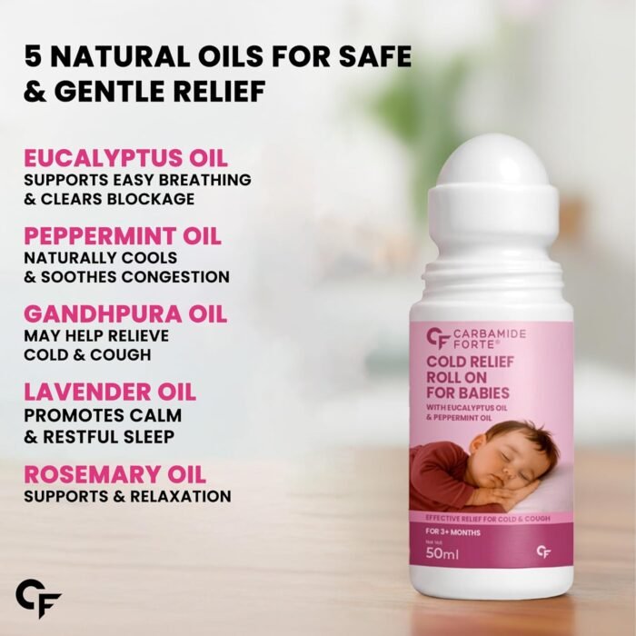 Carbamide Forte Natural Cold Relief Roll On for Babies | Baby Cold Relief Roll On with Eucalyptus & Peppermint Oil | Gentle Chest & Nose Rub for Babies 3+ Months | Ayurvedic Formula | 50 ml - Image 3