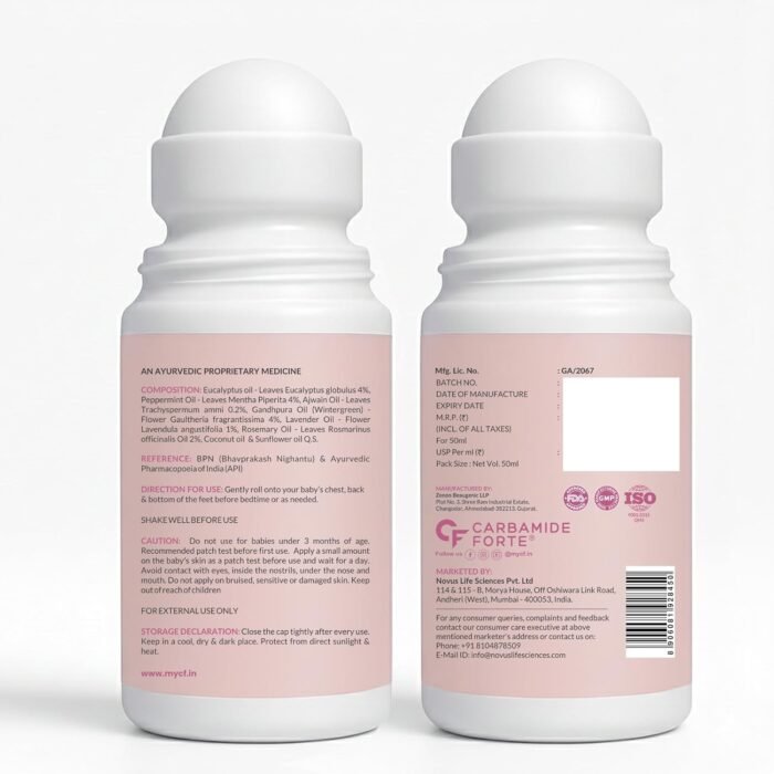 Carbamide Forte Natural Cold Relief Roll On for Babies | Baby Cold Relief Roll On with Eucalyptus & Peppermint Oil | Gentle Chest & Nose Rub for Babies 3+ Months | Ayurvedic Formula | 50 ml - Image 9
