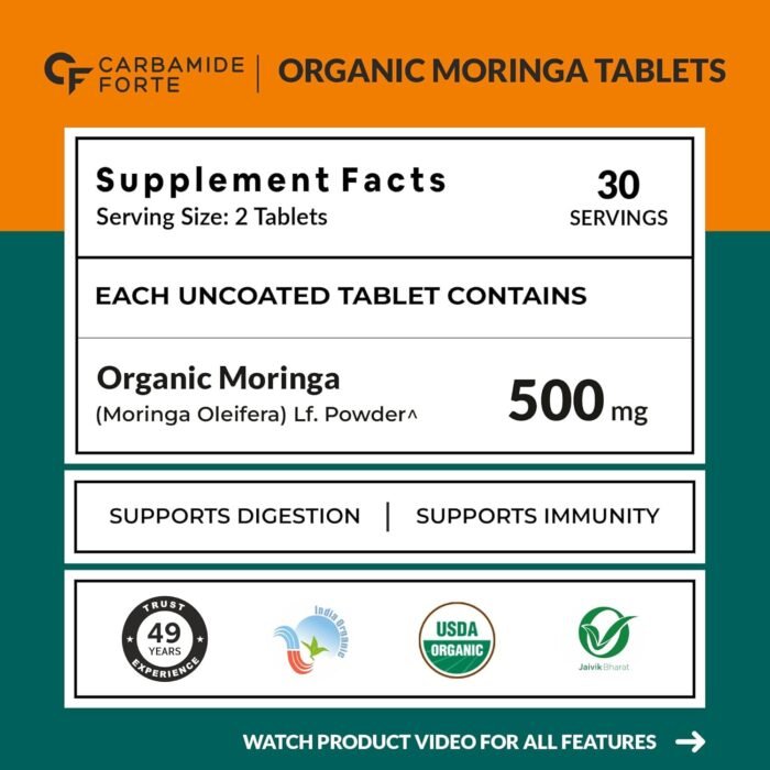 Carbamide Forte Organic Moringa Tablet with 1000mg Leaves Extract | Moringa Powder Tablets for Immunity, Digestion & Energy | Tablets 60 - Image 2