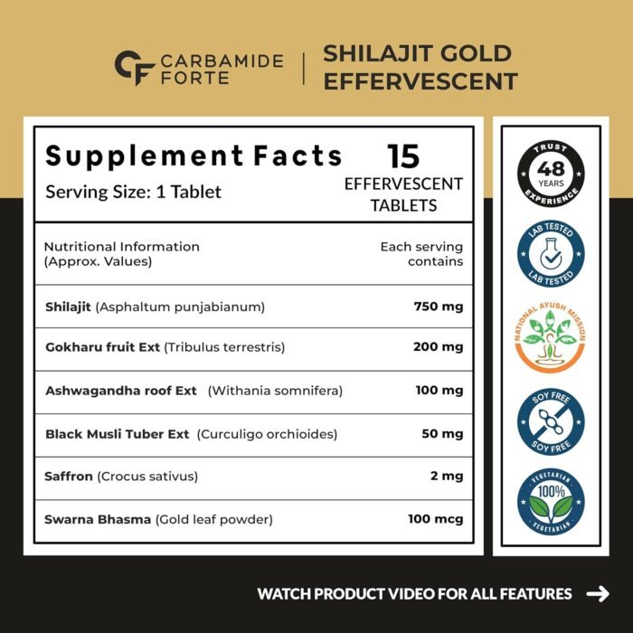 Carbamide Forte Shilajit/Shilajeet (750mg) Gold Effervescent Tablets | Shilajit For Men | Helps In Boosting Strength, Stamina & Power | 15 Tablets - Image 2