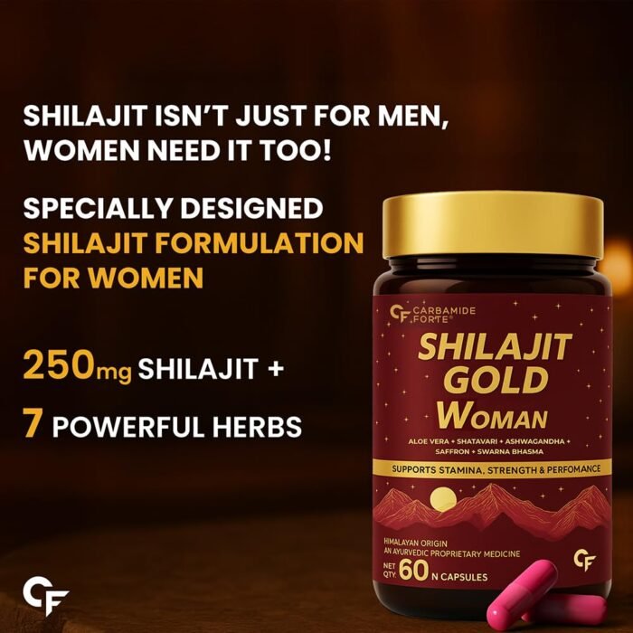 Carbamide Forte Shilajit Gold Capsules For Women With Pure Shilajeet Swarna Bhasma, Saffron & Ashwagandha | Himalayan Shilajit for Women | Shilajeet Gold Original | 60 Veg Capsules - Image 3