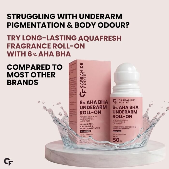 Carbamide Forte Underarm Roll On with 6% AHA BHA Mandelic, Salicylic, and Lactic Acid | Prevents Body Odour, Fades Pigmentation | Underarm Roll On for Women & Men - 50ml - Image 2