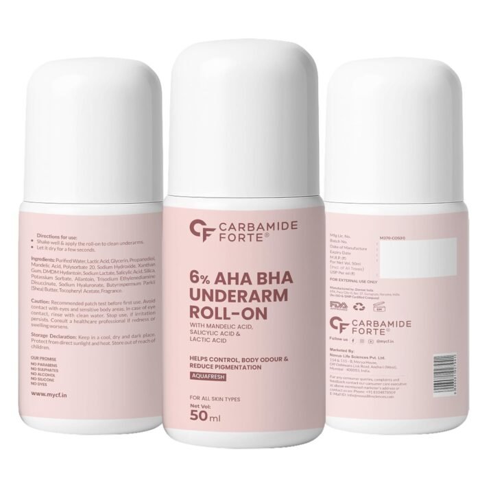 Carbamide Forte Underarm Roll On with 6% AHA BHA Mandelic, Salicylic, and Lactic Acid | Prevents Body Odour, Fades Pigmentation | Underarm Roll On for Women & Men - 50ml - Image 9