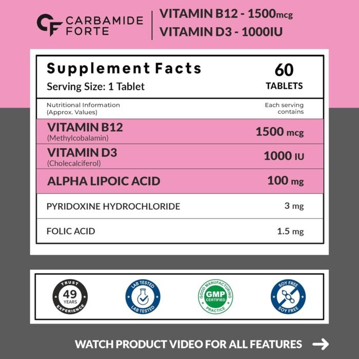 Carbamide Forte Vitamin B12 1500mcg with Vitamin D3 | Vitamin B12 Supplements for Men & Women | Methylcobalamin 1500mcg with Vitamin D Tablets - 60 Tablets - Image 2