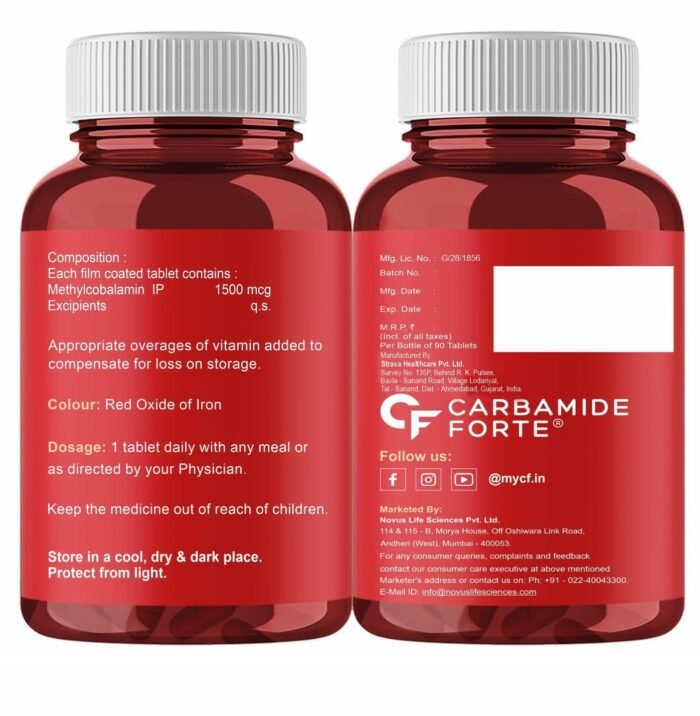 Carbamide Forte Vitamin B12 Tablets 1500 mcg -Active form of Methylcobalamin Vitamin B12 Supplements for Men & Women- 90 Tablets - Image 9