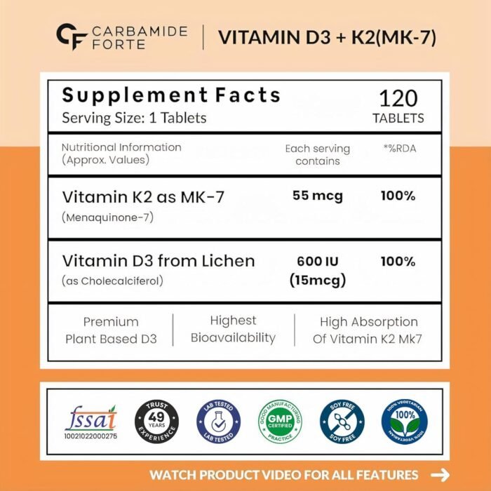 Carbamide Forte Vitamin D Tablets | Vitamin D3 K2 Supplement to support Bone & Heart Health | Veg D3 Lichen -120 Tablets - Image 3