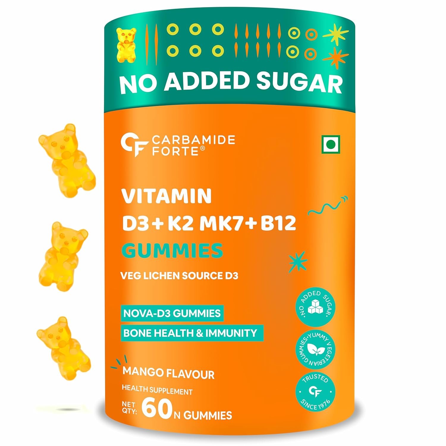 Carbamide Forte Vitamin D3 K2 B12 Gummies 1 Carbamide Forte Vitamin D3 K2 B12 Gummies | Vitamin B12 Supplements & Vitamin D Supplement | Vitamin K2 Supplements | Plant Based Veg Lichen Source D3 Supplement for Bone Health | Mango Flavor - 60 Gummies - Image 1