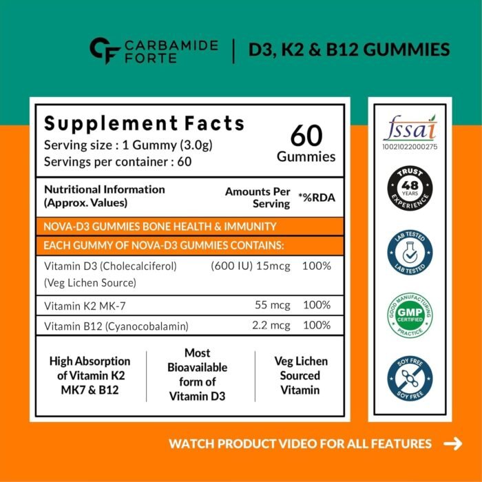 Carbamide Forte Vitamin D3 K2 B12 Gummies | Vitamin B12 Supplements & Vitamin D Supplement | Vitamin K2 Supplements | Plant Based Veg Lichen Source D3 Supplement for Bone Health | Mango Flavor - 60 Gummies - Image 2