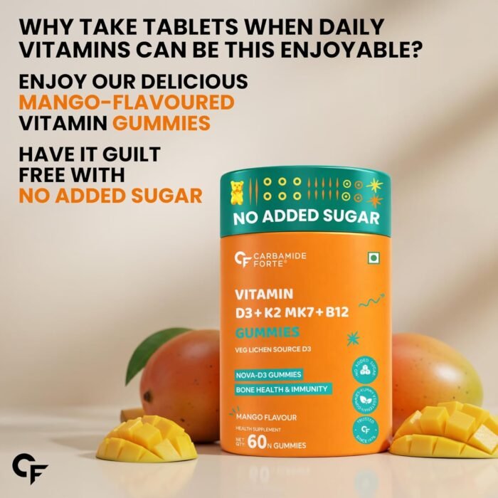 Carbamide Forte Vitamin D3 K2 B12 Gummies | Vitamin B12 Supplements & Vitamin D Supplement | Vitamin K2 Supplements | Plant Based Veg Lichen Source D3 Supplement for Bone Health | Mango Flavor - 60 Gummies - Image 8