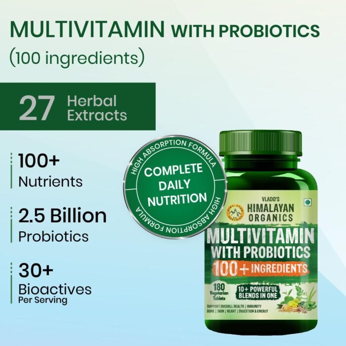 Vlado's Himalayan Organics Multivitamin for Men & Women with Probiotics | 100+ Ingredients including Vitamins B1–B12, Vitamin C, D & E | Zinc, Iron, Calcium, Biotin | 100 Nutrients, 27+ Herbal Extracts, 10+ Blends | Immunity, Energy, Stamina, Bone, Skin & Hair Support | Daily Multivitamin Tablets | 180 Count - Image 3