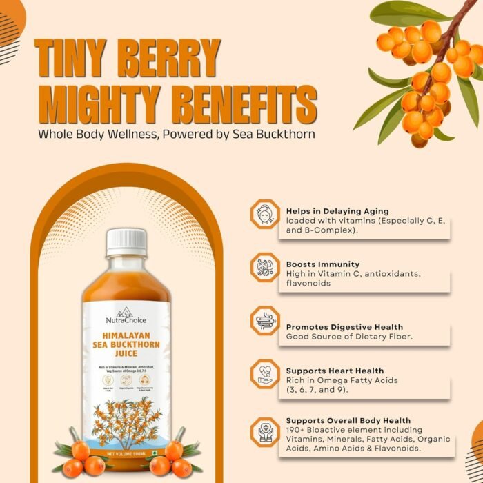 NutraChoice Himalayan Sea Buckthorn Juice 500ml-50glass | Rich in Vitamin C, Omega 3, 6, 7, 9 & Antioxidants, for Immunity, Skin Glow, Gut Health Support, and Wellness - Image 3