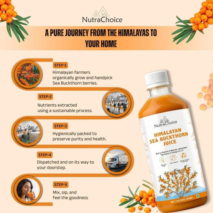 NutraChoice Himalayan Sea Buckthorn Juice 500ml-50glass | Rich in Vitamin C, Omega 3, 6, 7, 9 & Antioxidants, for Immunity, Skin Glow, Gut Health Support, and Wellness - Image 4