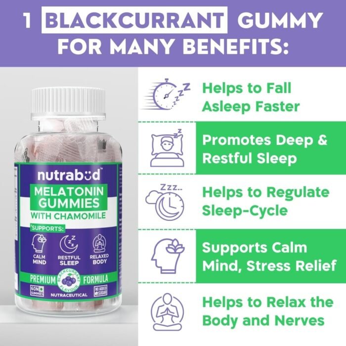 Nutrabud Melatonin Sleep Gummies 3mg For Men, Women | No Added Sugar | Fall Asleep Fast & Restful Deep Sleep | Blackcurrant Flavor Veg Gummy Supplement (60 Count (Pack of 1) - Image 3