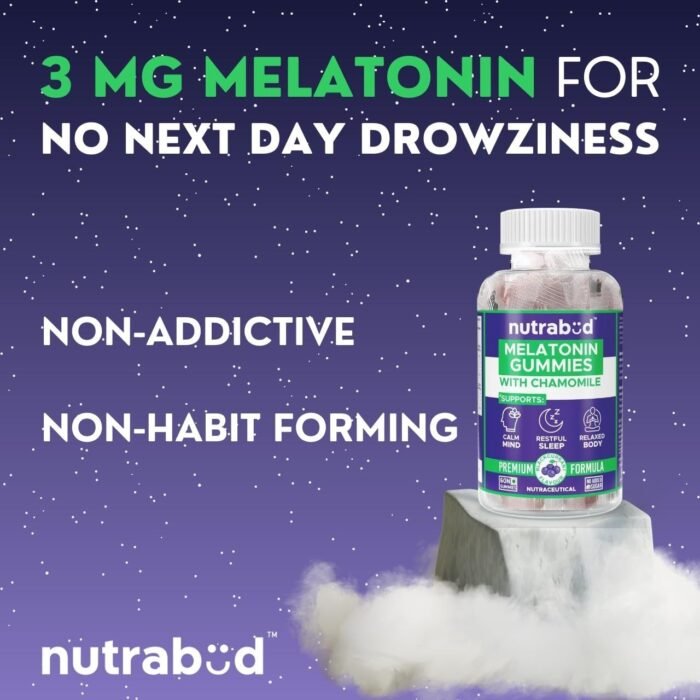 Nutrabud Melatonin Sleep Gummies 3mg For Men, Women | No Added Sugar | Fall Asleep Fast & Restful Deep Sleep | Blackcurrant Flavor Veg Gummy Supplement (60 Count (Pack of 1) - Image 4