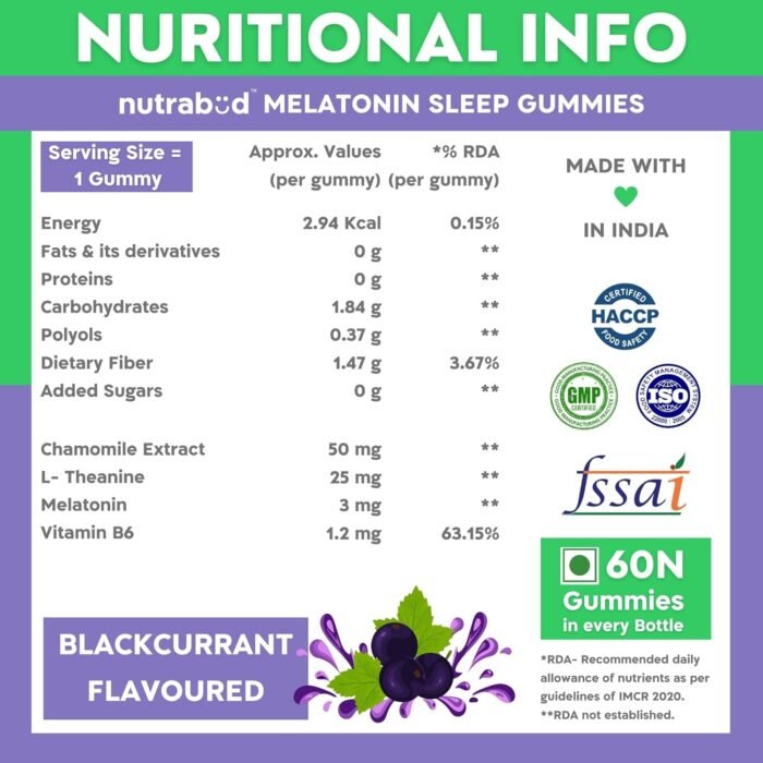 Nutrabud Melatonin Sleep Gummies 3mg For Men, Women | No Added Sugar | Fall Asleep Fast & Restful Deep Sleep | Blackcurrant Flavor Veg Gummy Supplement (60 Count (Pack of 1) - Image 5