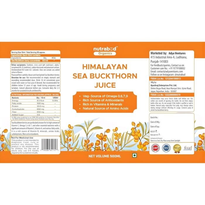 Nutrabud Organics Himalayan Sea Buckthorn Berry Juice - 500 ml - Natural Source of Vitamin C, Omega 3 6 7 9, Antioxidants For Immunity, Skin Glow & Gut Health - 50 Glasses (500ml (Pack of 1)) - Image 2