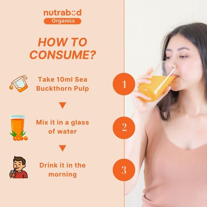 Nutrabud Organics Himalayan Sea Buckthorn Berry Juice - 500 ml - Natural Source of Vitamin C, Omega 3 6 7 9, Antioxidants For Immunity, Skin Glow & Gut Health - 50 Glasses (500ml (Pack of 1)) - Image 6