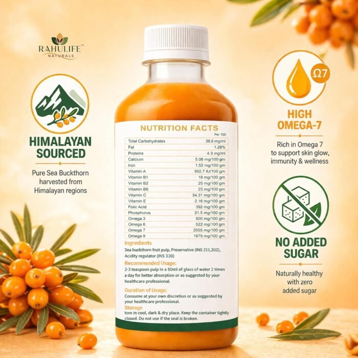 Rahulife Naturals Sea Buckthorn Juice 500ml | Himalayan Sourced | Rich in Omega 3, 6, 7 & 9 | High Omega-7 Formula | No Added Sugar | Supports Skin Glow, Immunity, Heart Health & Digestion - Image 2