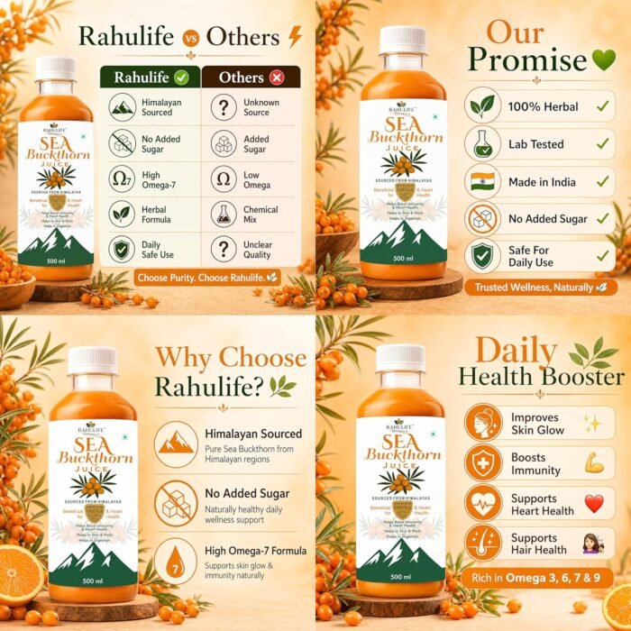 Rahulife Naturals Sea Buckthorn Juice 500ml | Himalayan Sourced | Rich in Omega 3, 6, 7 & 9 | High Omega-7 Formula | No Added Sugar | Supports Skin Glow, Immunity, Heart Health & Digestion - Image 9