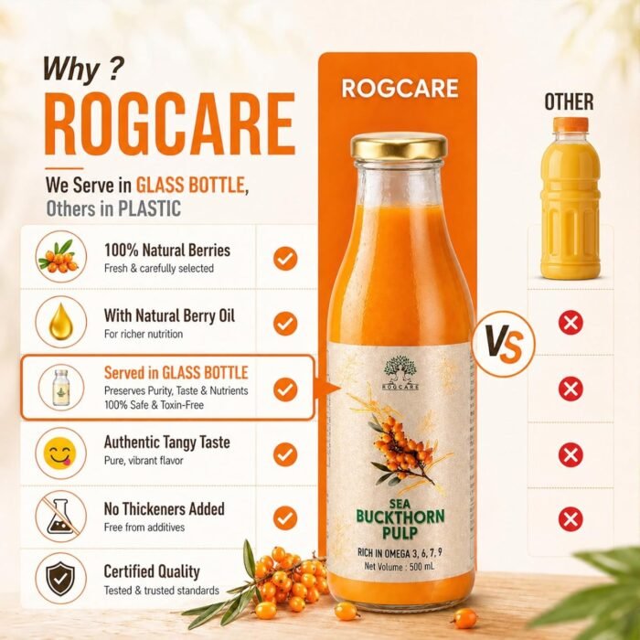 Rogcare Sea Buckthorn Juice 500ml Packed in a Glass Bottle | Cold-Pressed Sea Buckthorn Pulp Concentrate from Ladakh Himalayas (-40°C) Rich in Natural Vitamin C, Omega 3, 6, 7, 9 & Antioxidants | Skin Glow & Gut Health - Image 2