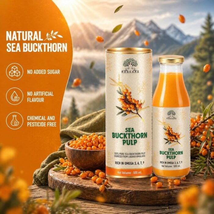 Rogcare Sea Buckthorn Juice 500ml Packed in a Glass Bottle | Cold-Pressed Sea Buckthorn Pulp Concentrate from Ladakh Himalayas (-40°C) Rich in Natural Vitamin C, Omega 3, 6, 7, 9 & Antioxidants | Skin Glow & Gut Health - Image 5