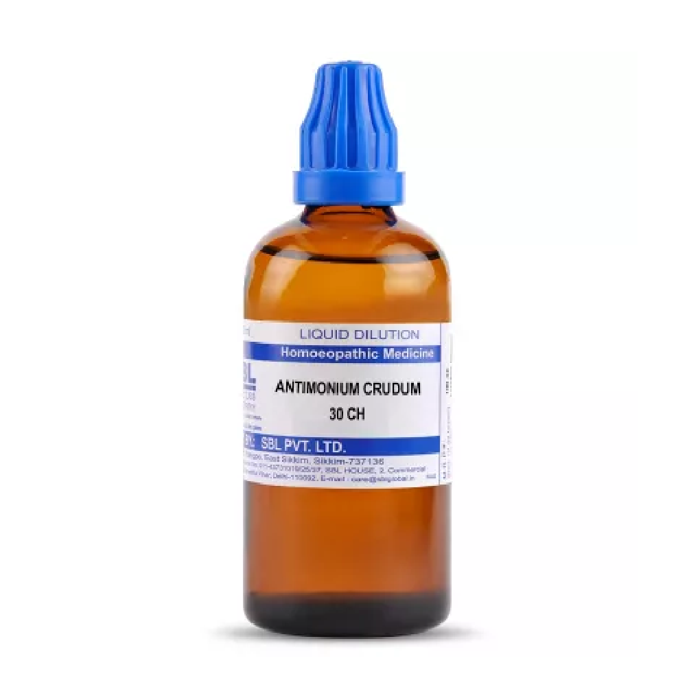 SBL-Antimonium-Crudum-30-CH-100ml.png SBL Homeopathic Antimonium Crudum Dilution (30 ML / 100 ML) For Rash, Itching, Indigestion, Headache - Image 1