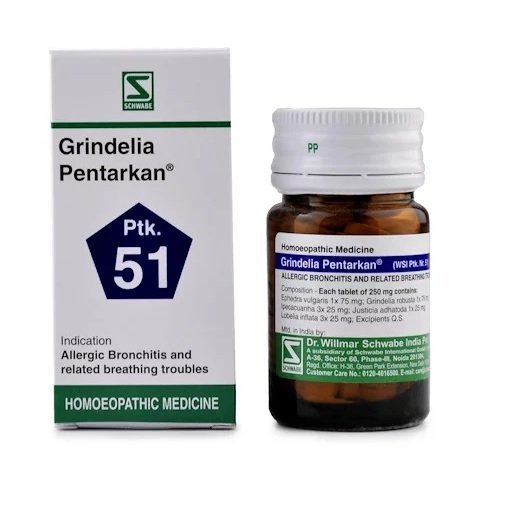 Schwabe-GRINDELIA-PENTARKAN-Tablets.jpg Dr Willmar Schwabe India Homoeopathic Grindelia Pentarkan (20g) Tablets (Ptk. 51) for cough nausea vomiting - Image 1