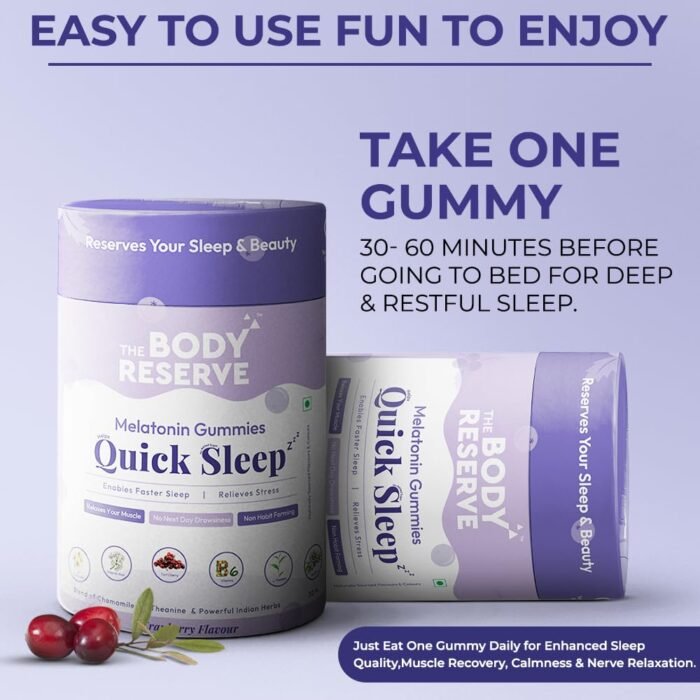 The Body Reserve Quick Sleep Melatonin Gummies For Natural Sleep Aid For Muscle Recovery,Nerve Relaxation & Relieves Stress Vegan,Gluten-Free,Non-Addictive Cranberry Flavours,30 Gummies,No Added Sugar - Image 6