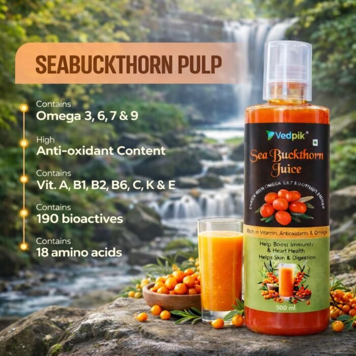 Vedpik Sea Buckthorn Juice 500ml | Rich in Omega 3, 6, 7 & 9 | High in Vitamin C & Antioxidants | Supports Immunity, Skin, Heart & Digestion | Natural Herbal Health Drink - Image 2