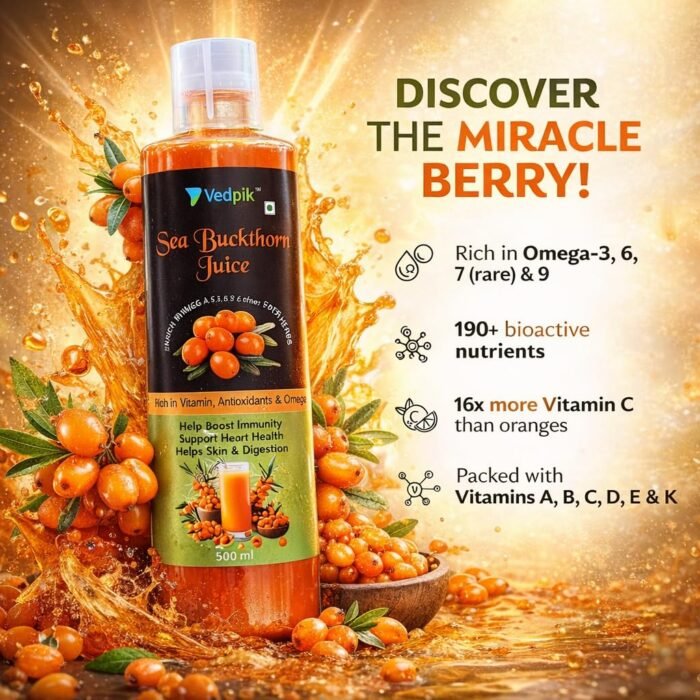 Vedpik Sea Buckthorn Juice 500ml | Rich in Omega 3, 6, 7 & 9 | High in Vitamin C & Antioxidants | Supports Immunity, Skin, Heart & Digestion | Natural Herbal Health Drink - Image 3