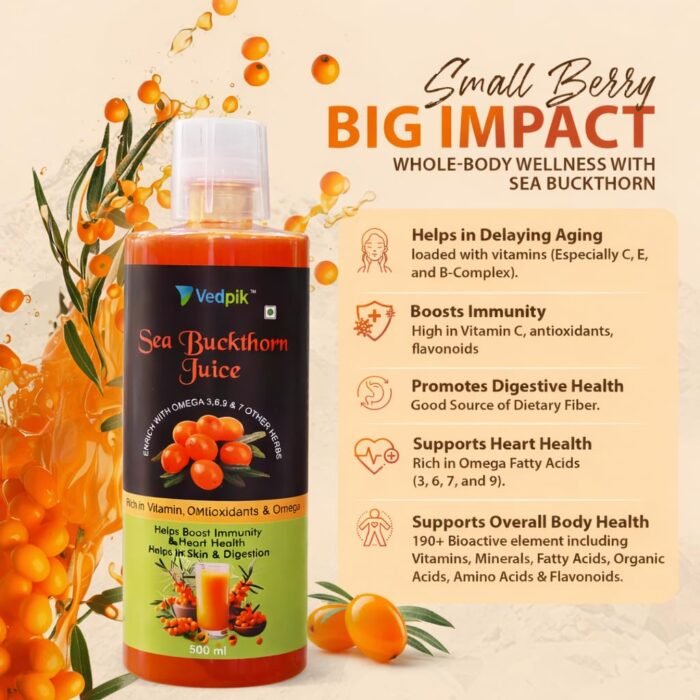 Vedpik Sea Buckthorn Juice 500ml | Rich in Omega 3, 6, 7 & 9 | High in Vitamin C & Antioxidants | Supports Immunity, Skin, Heart & Digestion | Natural Herbal Health Drink - Image 4