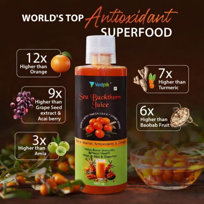 Vedpik Sea Buckthorn Juice 500ml | Rich in Omega 3, 6, 7 & 9 | High in Vitamin C & Antioxidants | Supports Immunity, Skin, Heart & Digestion | Natural Herbal Health Drink - Image 5