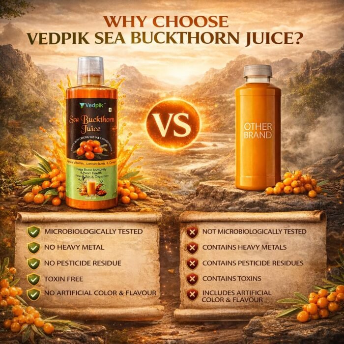 Vedpik Sea Buckthorn Juice 500ml | Rich in Omega 3, 6, 7 & 9 | High in Vitamin C & Antioxidants | Supports Immunity, Skin, Heart & Digestion | Natural Herbal Health Drink - Image 6