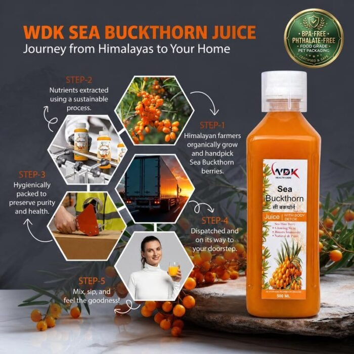 WDK Sea Buckthorn Juice 500ml | Immunity Booster, Skin Care & Detox | Rich in Omega 3, 6, 7, 9, Vitamins C, E & Antioxidants | Sugar-Free - Image 3