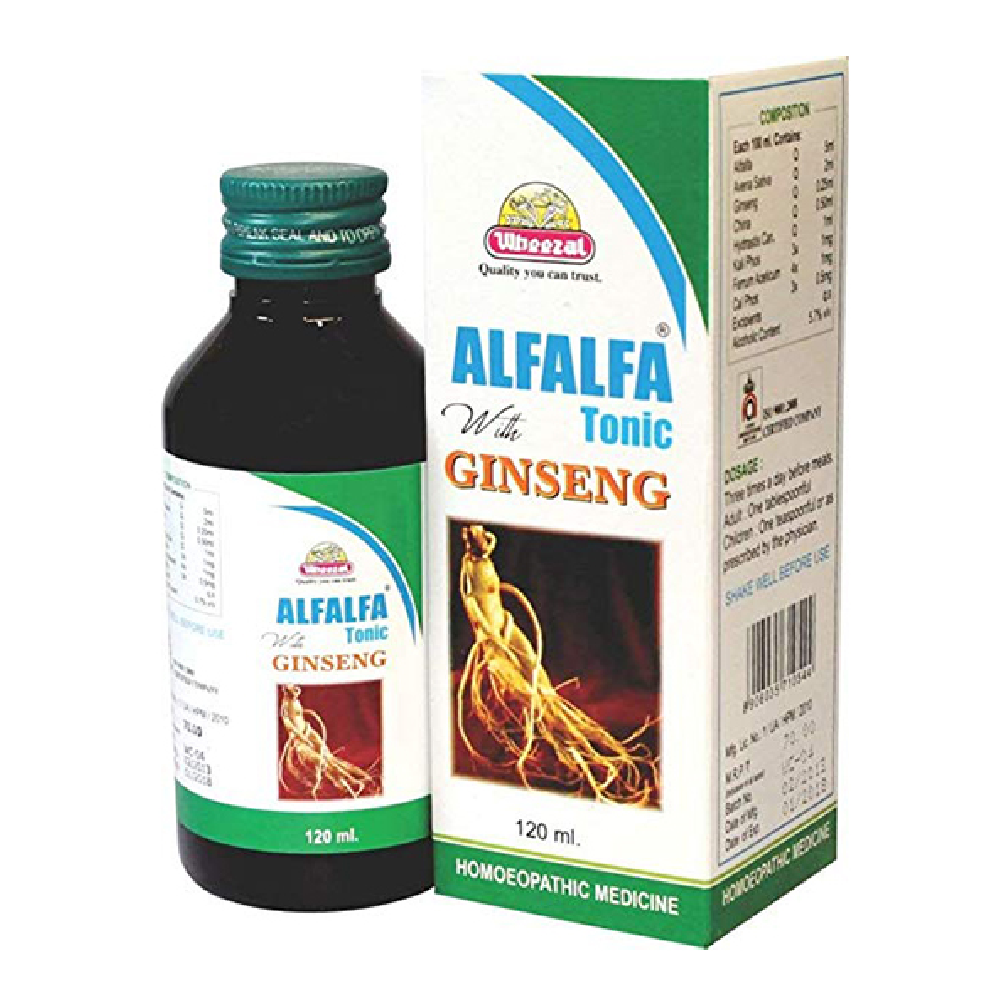 Wheezal-Alfalfa-with-Ginseng-Tonic-120-ML.png Wheezal Alfalfa with Ginseng Tonic (120 ML) For Anxiety, Muscular Pains - Image 1