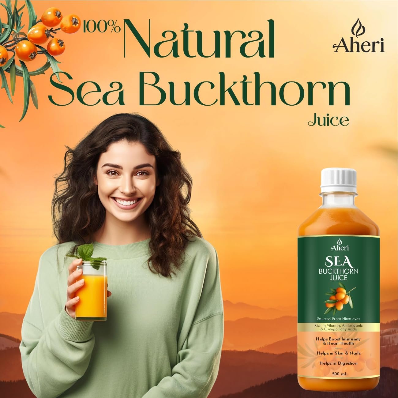 aheri Sea Buckthorn Juice 500 ML 4 AHERI Sea Buckthorn Juice 500 ML | Buckthorn Berry Herbal Juice with Natural Vitamin C, Omega 3 6 7 9 & Antioxidants | Herbal Support for Immunity, Skin Glow & Gut Health - Pack of 1 - Image 1