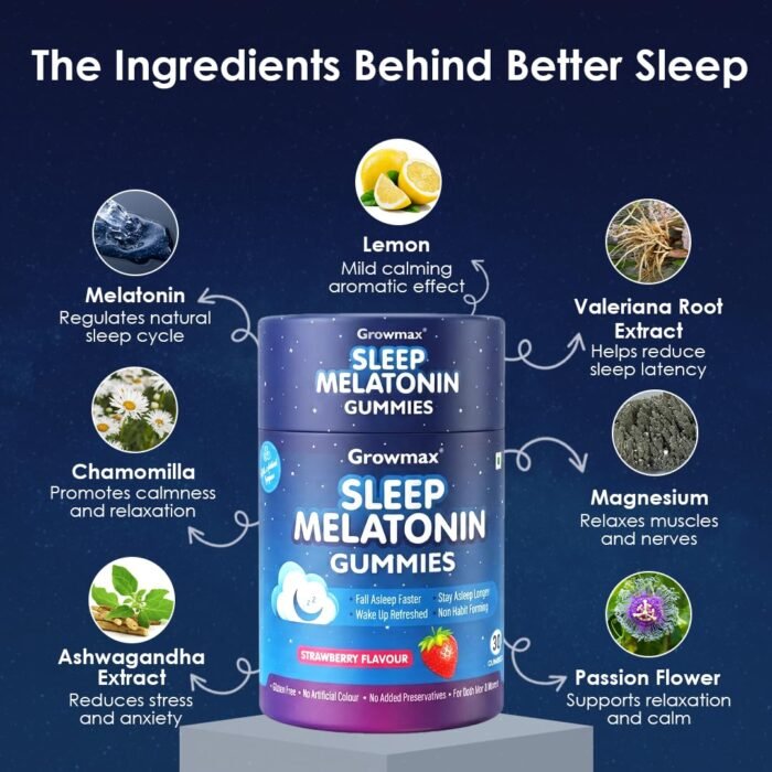 GROWMAX melatonin 5mg gummies for healthy sleeping | Sugar free deep sleep supplements for men & women | Helps with insomnia, fall asleep faster & non habit forming | Strawberry flavour | 30 gummies - Image 3