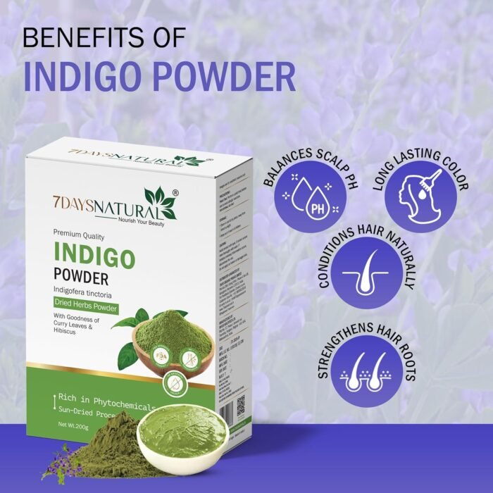 7DAYSNATURAL Indus Valley Organic Herbal Indigo Powder for Natural Color, 100% Organic & Chemical-Free, Helps Protect Hair from Damage and Supports Healthy Hair – 200g - Image 2
