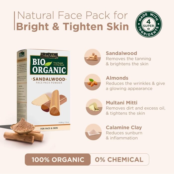 Indus Valley Bio Organic Sandalwood Face Pack Powder Lightens Suntan, Dark Spots & Pigmentation Prevents Acne Breakouts Enriched with Chandan Powder for Glowing Skin & Tan Removal (200g) - Image 2
