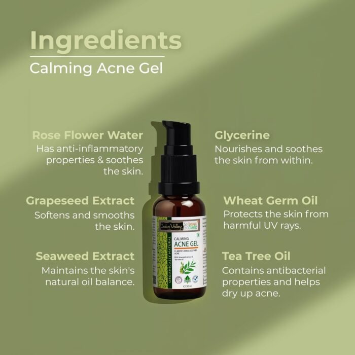 Indus Valley Calming Acne Gel with Seaweed Extract & Tea Tree Oil for Pimples, Soothes, Clarifies, and Refreshes Skin Naturally – 30ml - Image 3