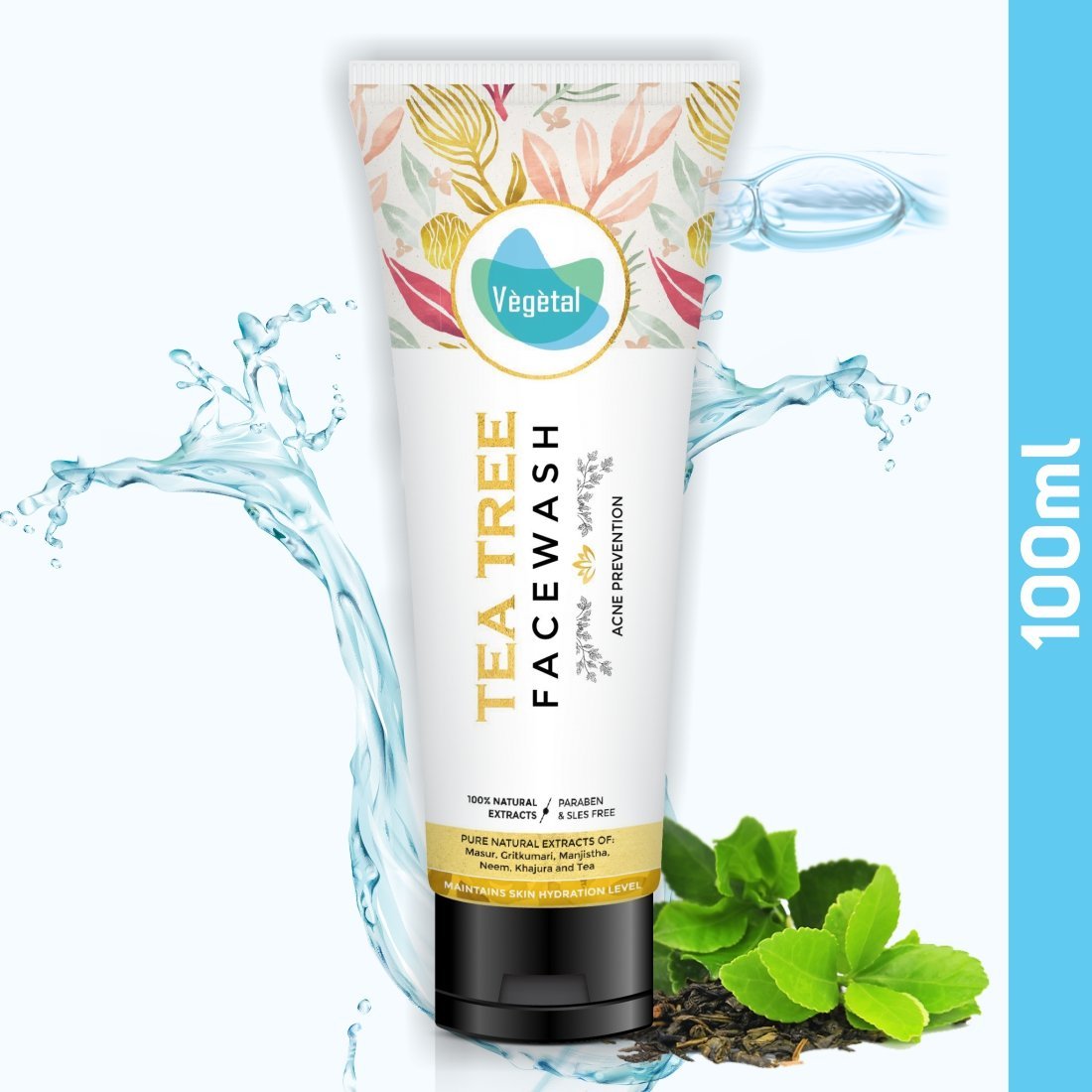 Vegetal Tea Tree Face Wash 1 Vegetal Tea Tree Face Wash- Made of 100% natural extracts of Green Tea, Neem, Manjistha, & Khajoor- Anti Acne, Oil control, Free of Parabens, SLES & Harmful Chemicals - Image 1